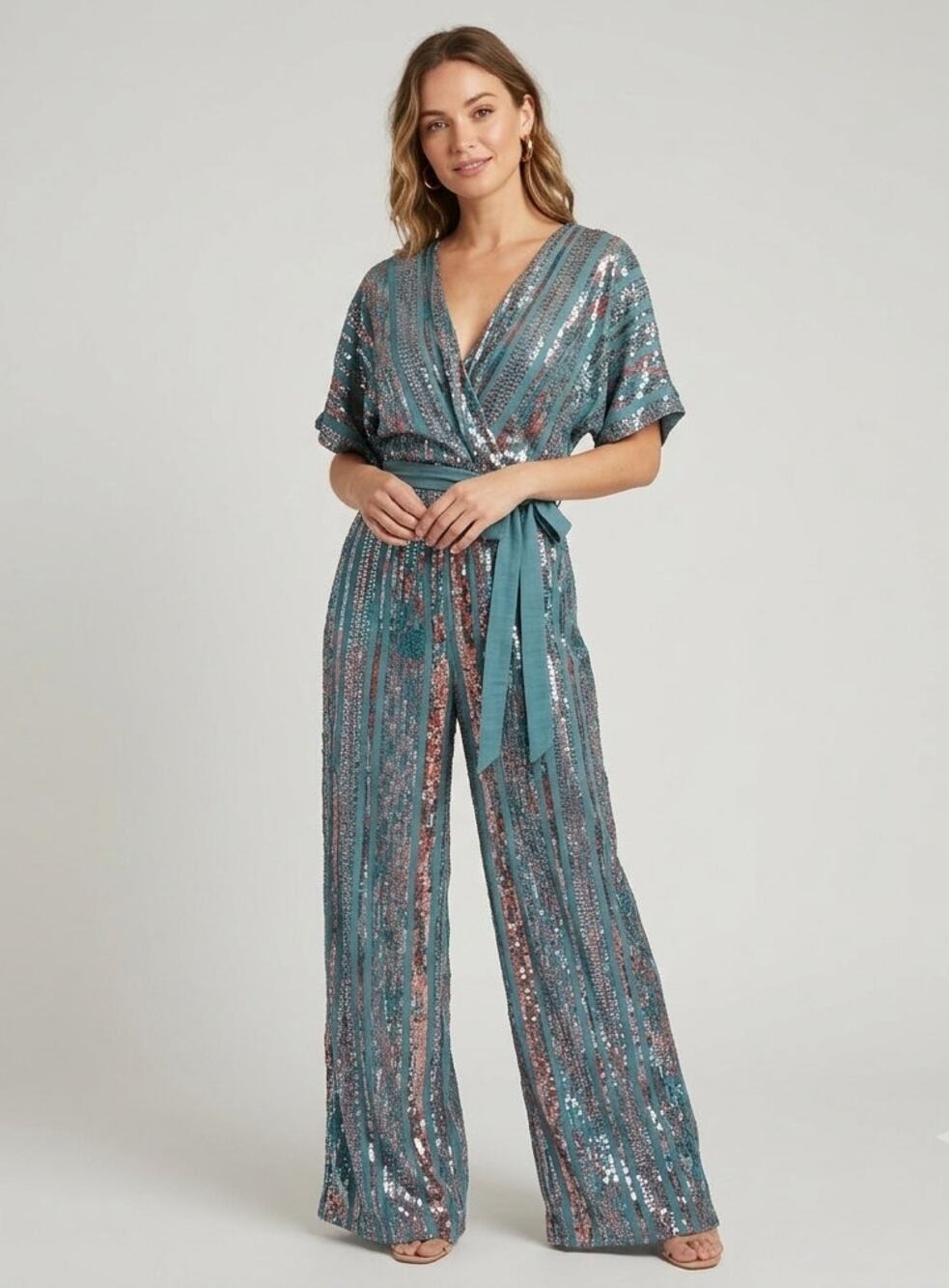 NEW Anthropologie BL^NK Gracy Sequin Wide Leg Wrap Jumpsuit XS Turquoise